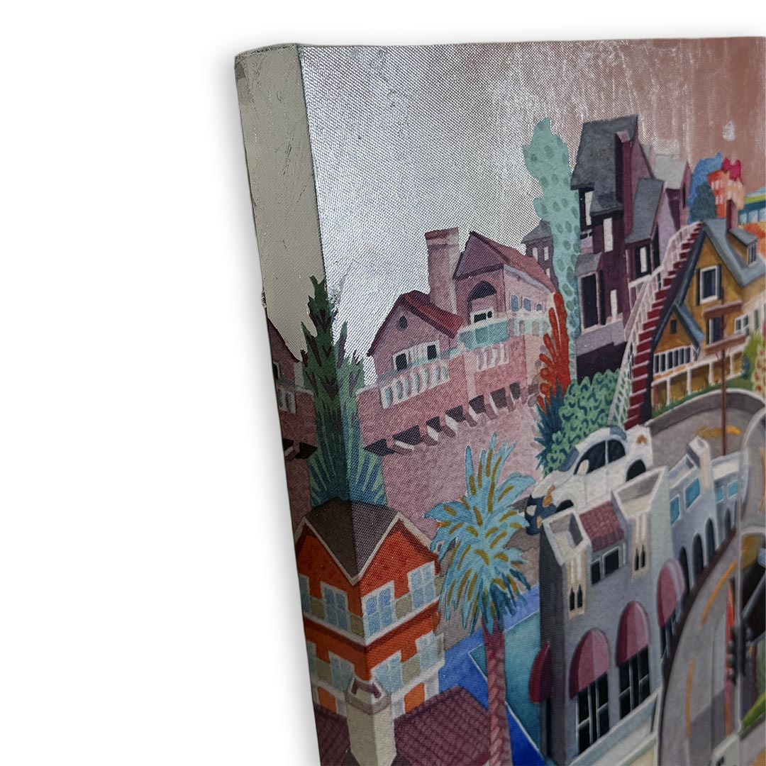 A close-up of a textured canvas painting depicting a colorful coastal town with houses, palm trees, and a car, shown at an angle against a white background. Silver foil sky.