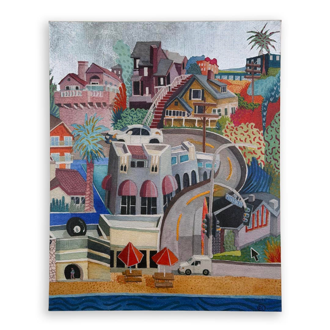 A stylized colorful painting of a coastal hillside town with houses, palm trees, a curved road, beach umbrellas, and ocean water at the bottom, shown against a light gray background. Silver foil sky.