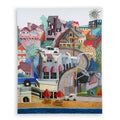 A colorful stylized illustration of a coastal hillside town with houses, palm trees, a winding road, beach umbrellas, and blue water along the bottom, shown as a square art print against a white background.