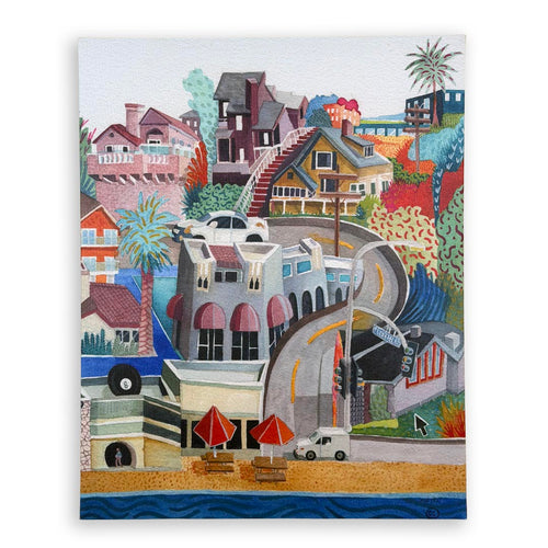 A colorful stylized illustration of a coastal hillside town with houses, palm trees, a winding road, beach umbrellas, and blue water along the bottom, shown as a square art print against a white background.